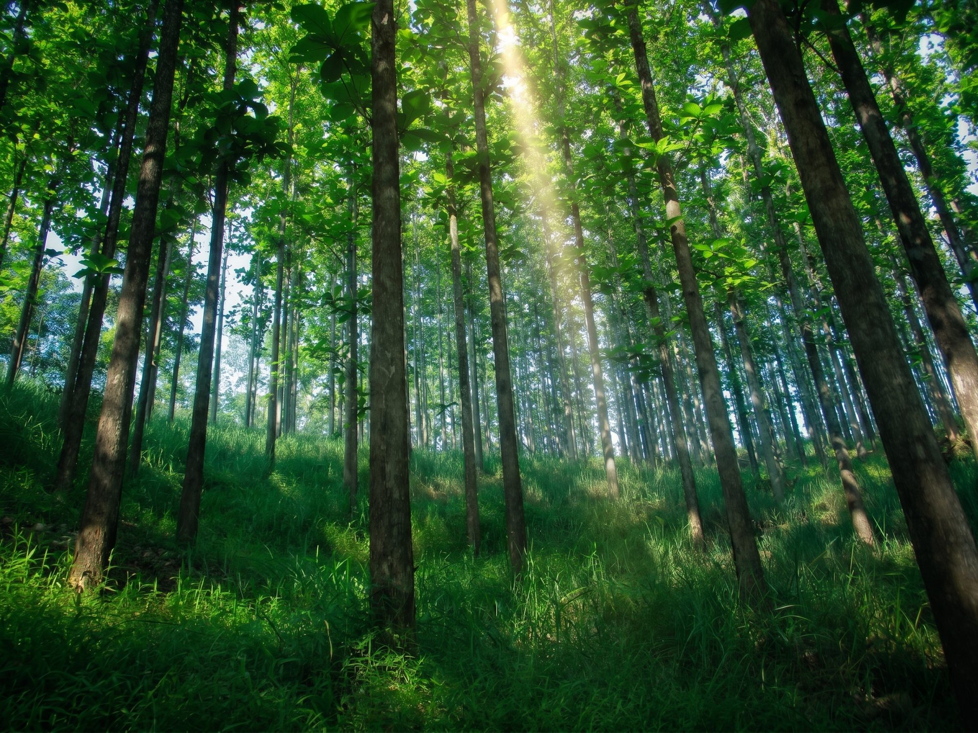A closed teak canopy in 2026 with sunbeams cutting through onto the understory.