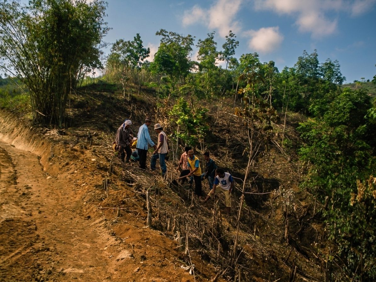 Workers clearing and terracing a hillside section before planting.
