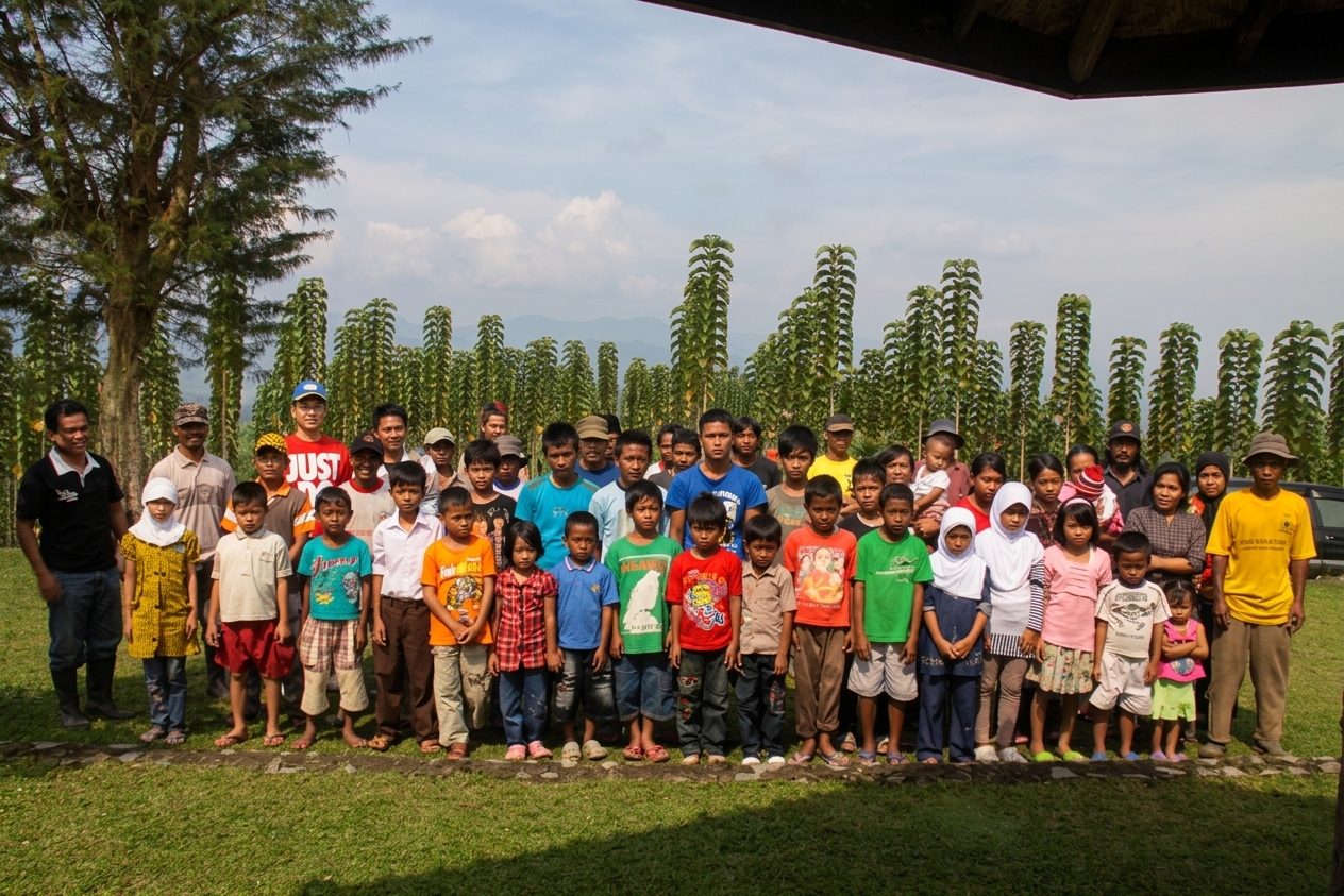 A group portrait of the children sponsored by the estate alongside their parents, the plantation workers, in front of a stand of young teak.