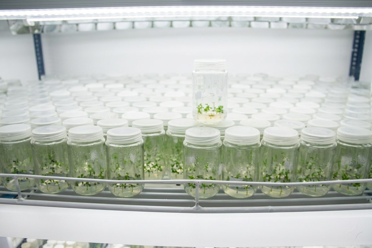 A tissue-culture nursery with rows of glass jars containing teak seedlings under grow-lights.