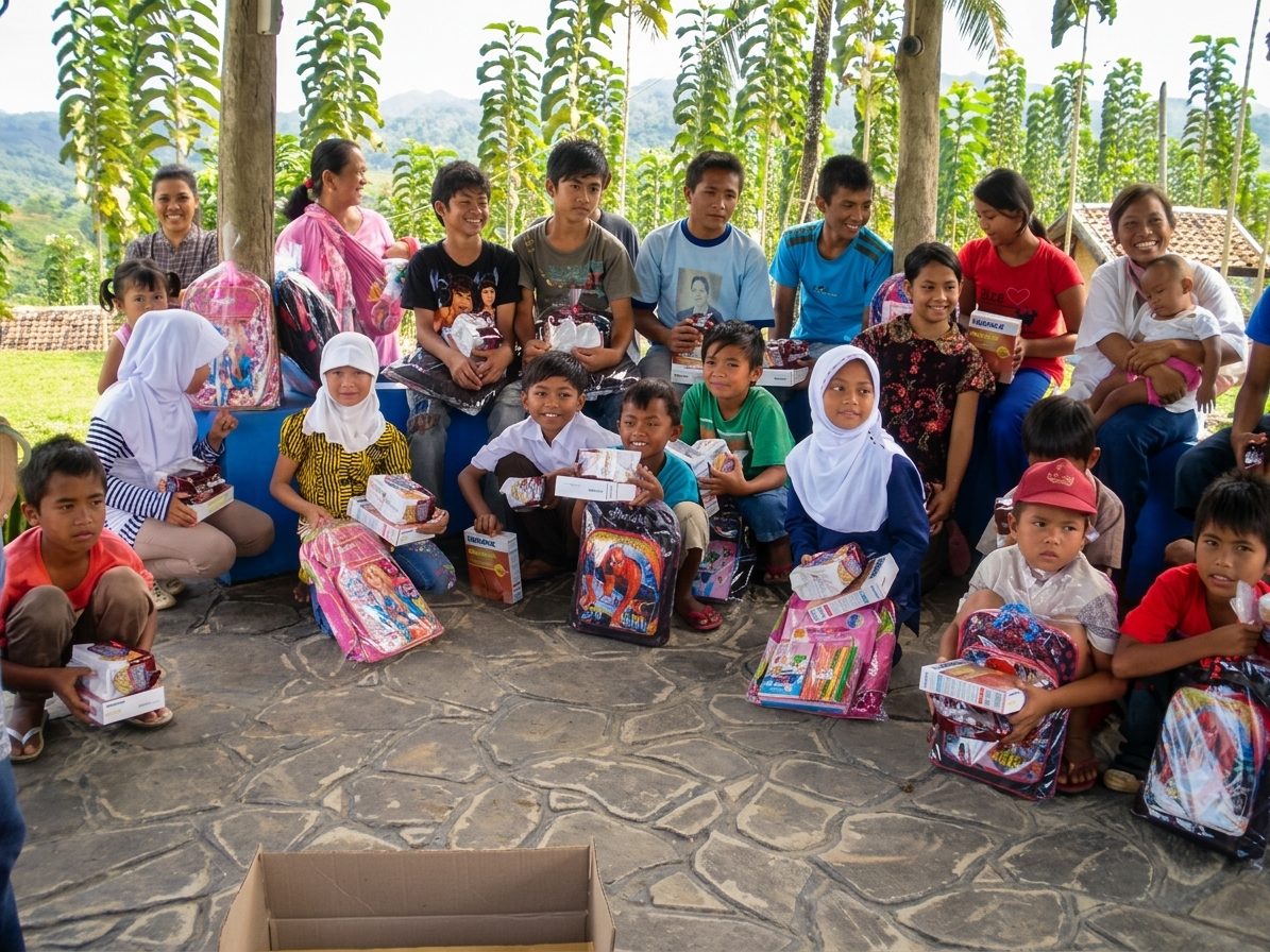 Children of the worker community receiving school supplies and backpacks at the start of the school year.