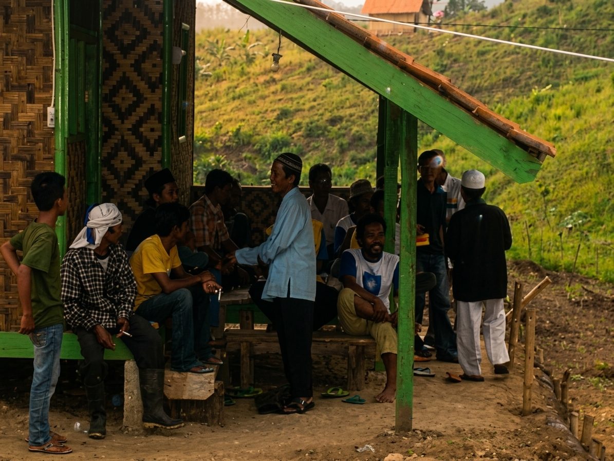 Workers gathered at the on-site shelter at the end of the day.